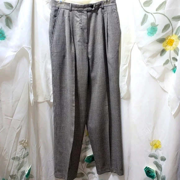 100% WORSTED WOOL HOUNDSTOOTH DRESS PANTS PLEATED BLK/WHT SZ 12